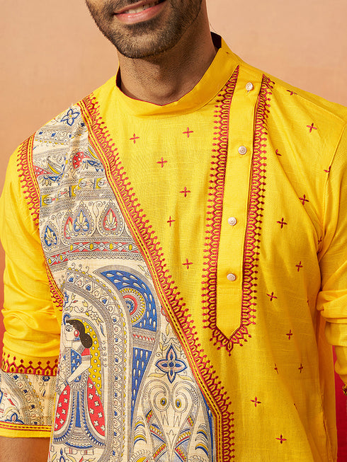 Vastramay Men Yellow Cotton High Neck Digital Print Kurta